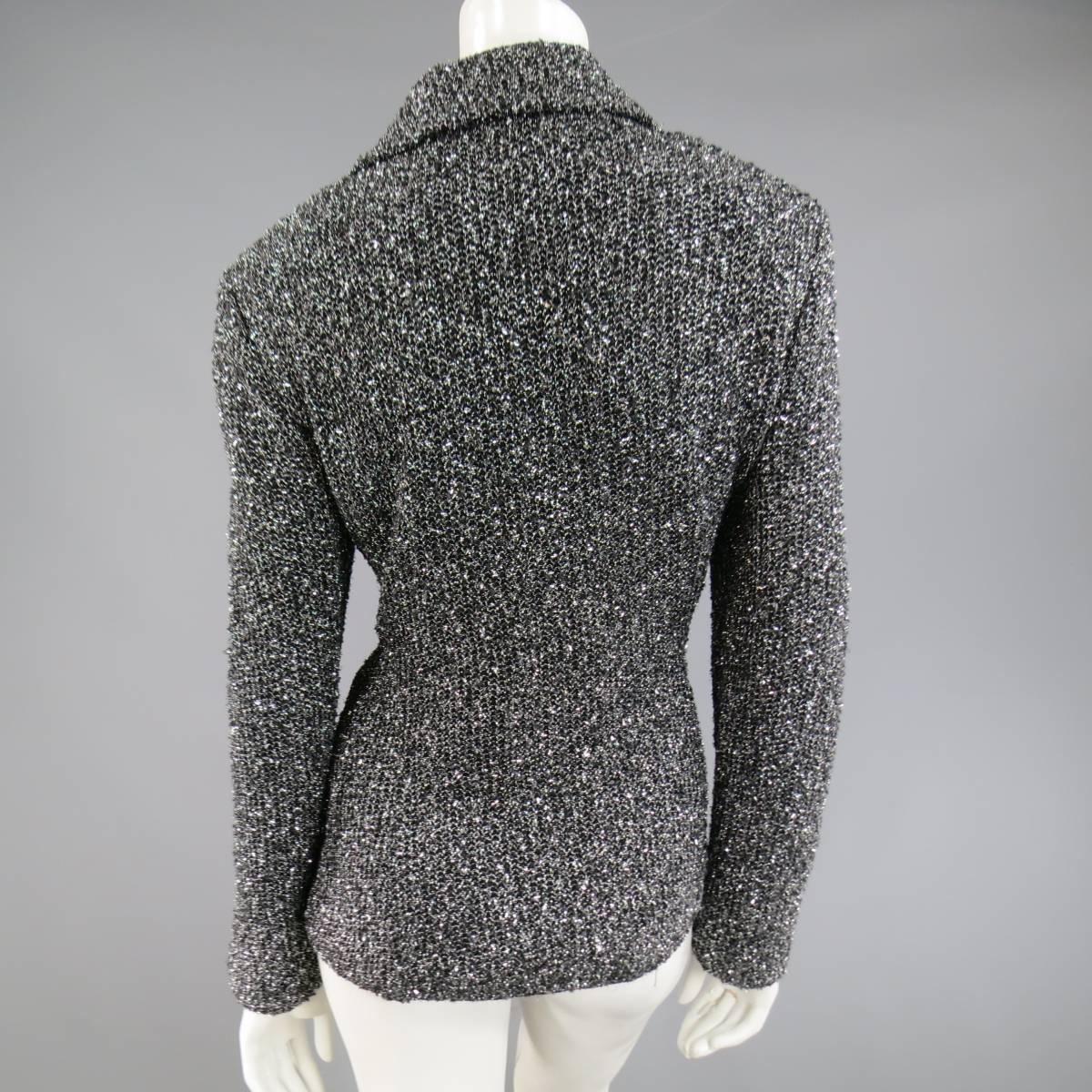 ST. JOHN CAVIAR Size 14 Black & Silver Tinsel Sparkle Knit Boucle Jacket 1