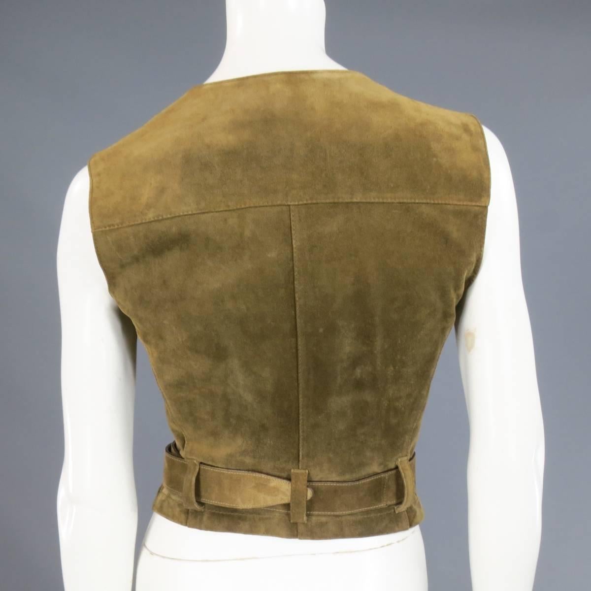 Women's or Men's PRADA Size 4 Olive Tan Suede Cropped Military Pocket Belted Vest