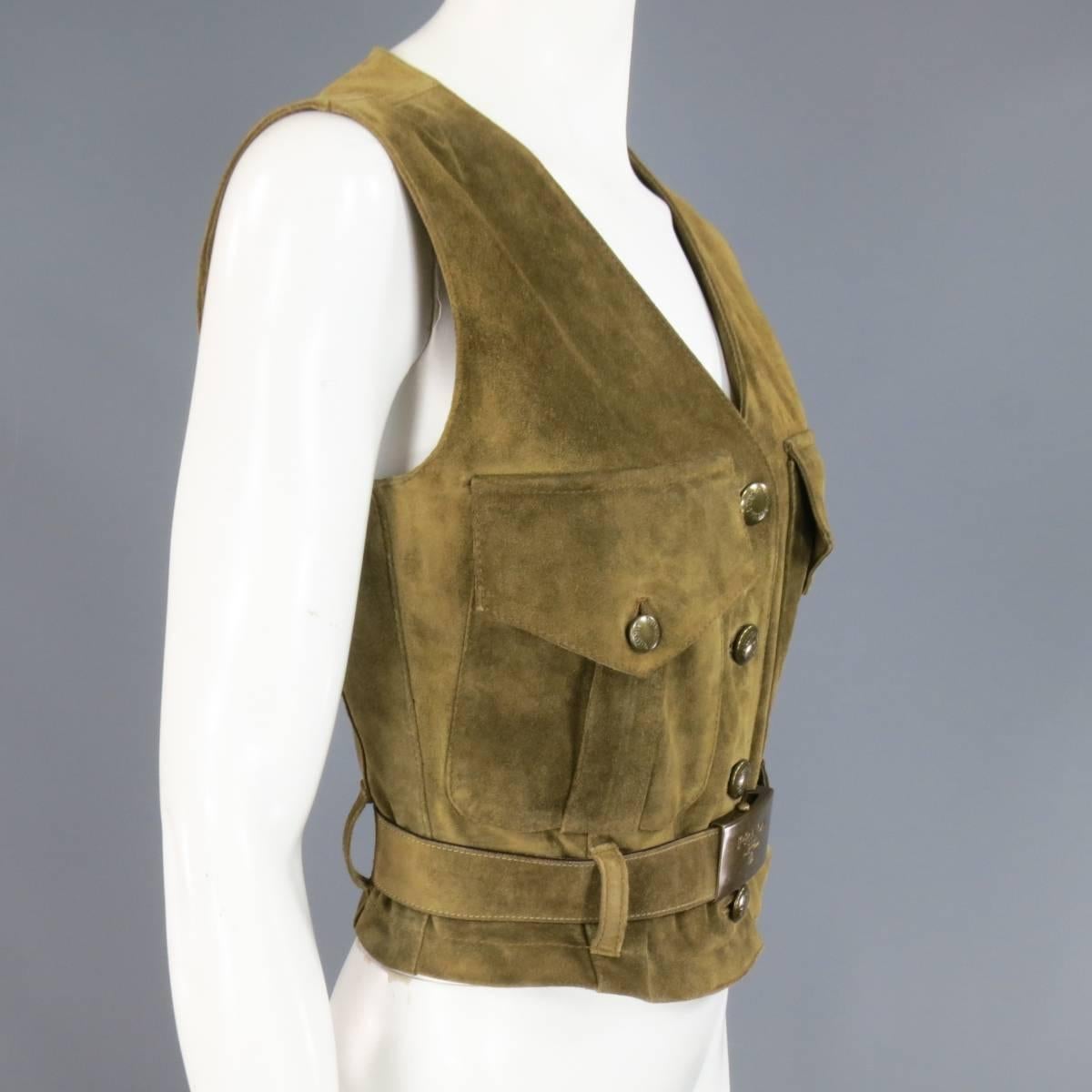 PRADA Size 4 Olive Tan Suede Cropped Military Pocket Belted Vest In Good Condition In San Francisco, CA