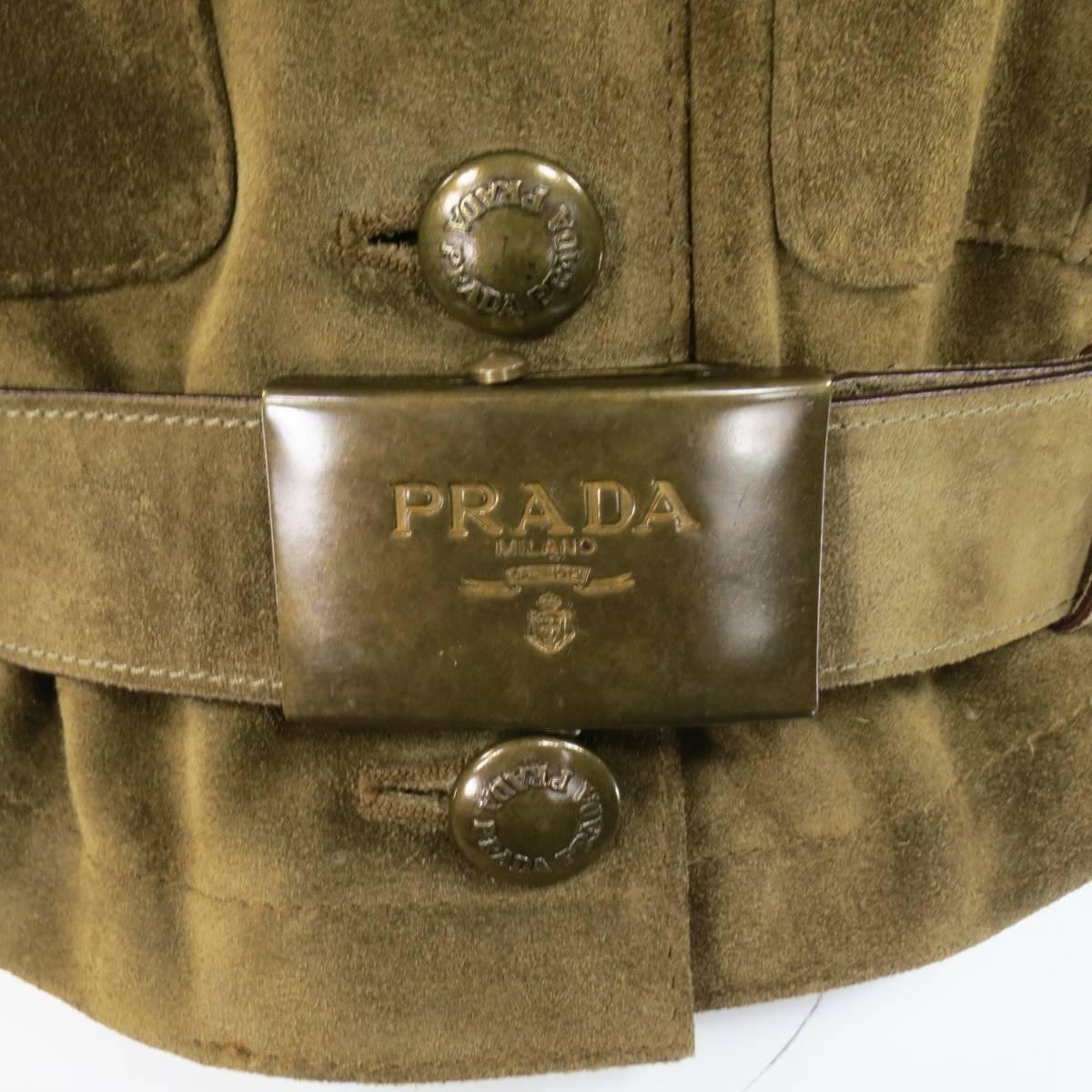Brown PRADA Size 4 Olive Tan Suede Cropped Military Pocket Belted Vest