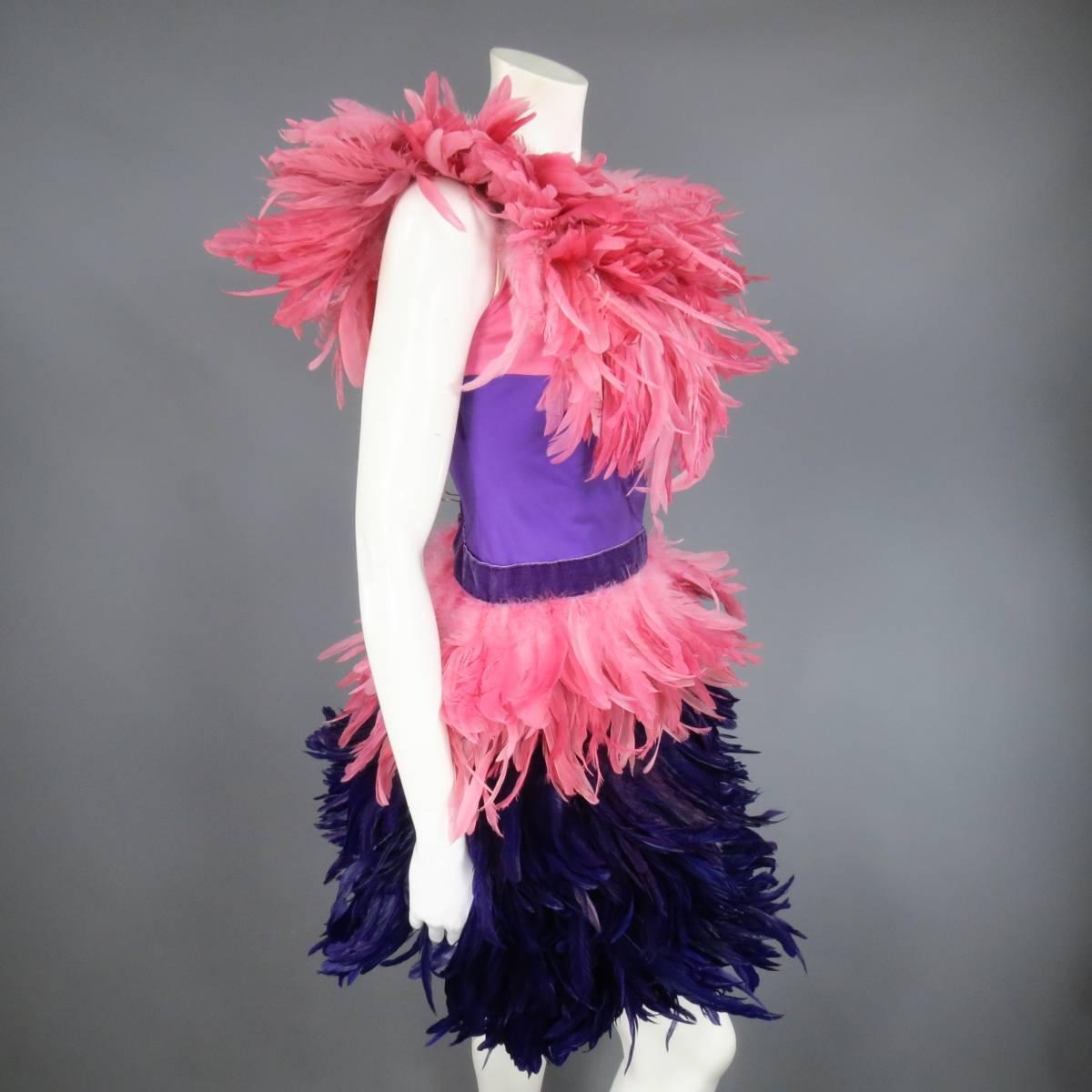 MOSCHINO Size 6 Pink & Purple Spring 2016 Feather & Velvet Cocktail Dress 1