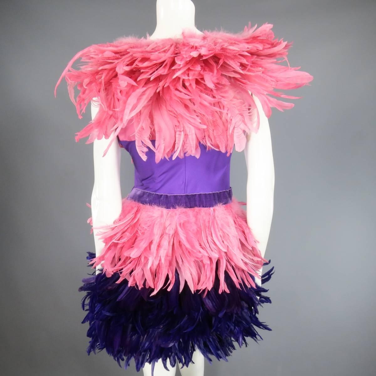 MOSCHINO Size 6 Pink & Purple Spring 2016 Feather & Velvet Cocktail Dress 2