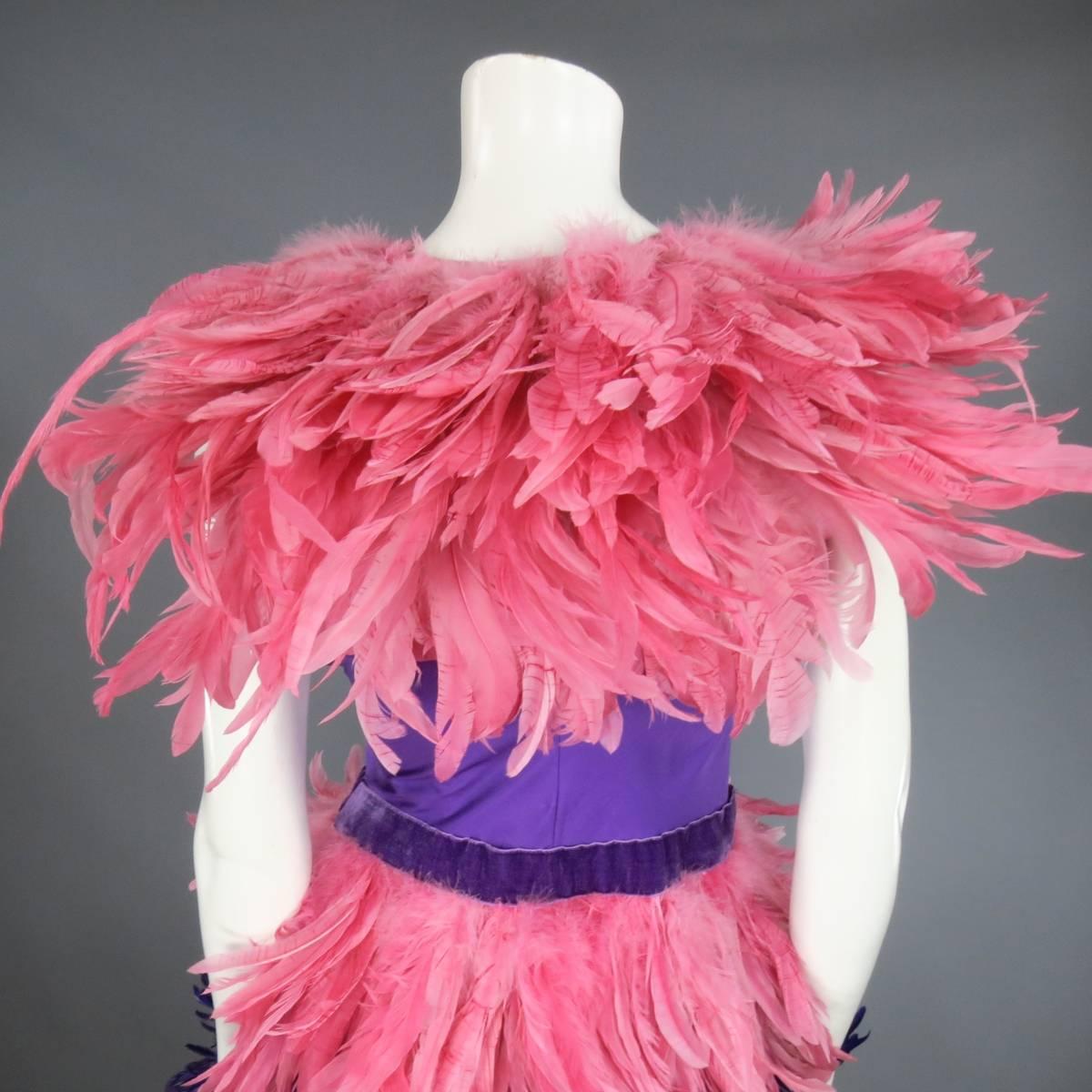 MOSCHINO Size 6 Pink & Purple Spring 2016 Feather & Velvet Cocktail Dress 3