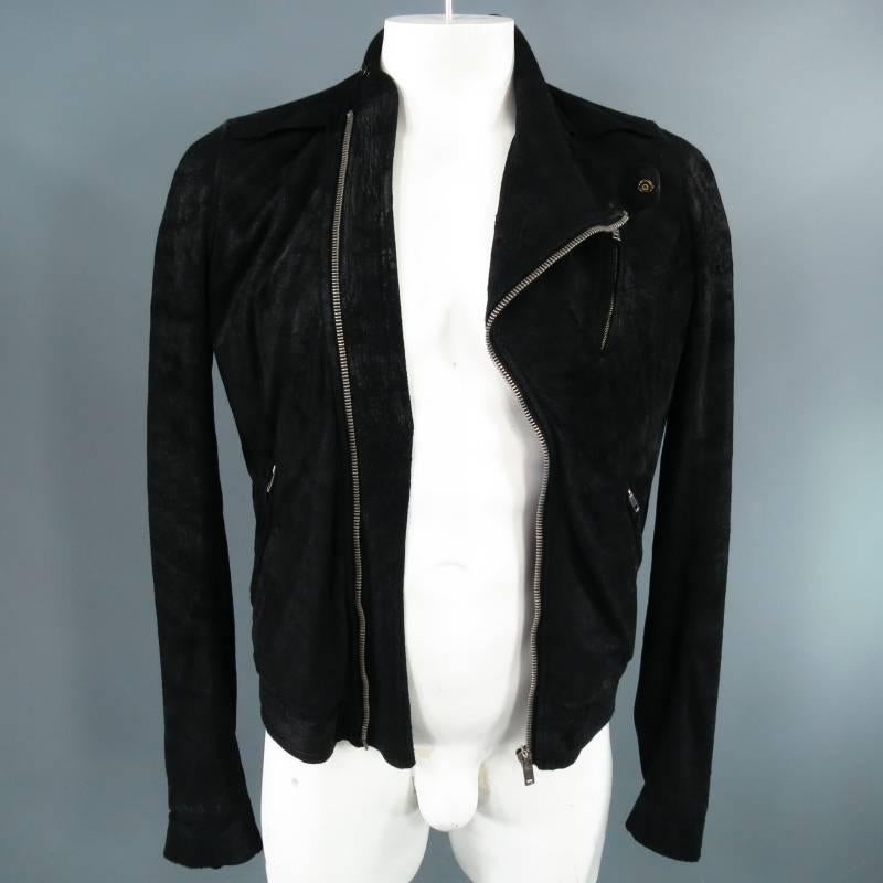 RICK OWENS 38 Black Distressed Sueded Asymmetrical Zip Leather Biker Jacket In Good Condition In San Francisco, CA
