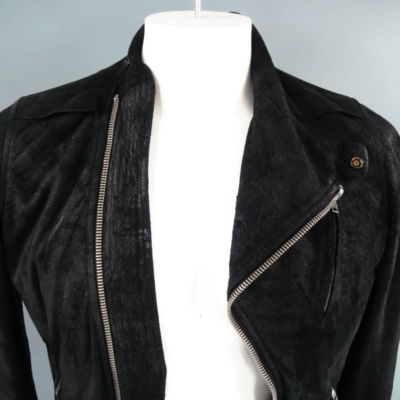 Women's or Men's RICK OWENS 38 Black Distressed Sueded Asymmetrical Zip Leather Biker Jacket