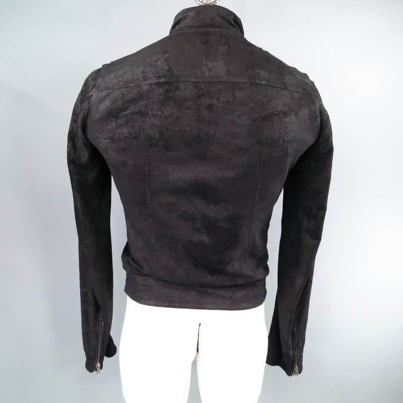 RICK OWENS 38 Black Distressed Sueded Asymmetrical Zip Leather Biker Jacket 2