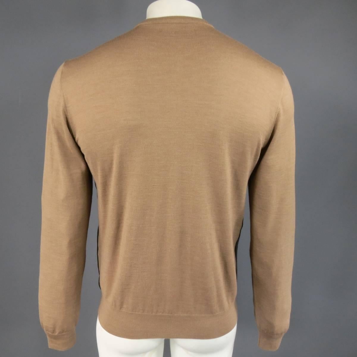 DSQUARED2 Size XL Tan Wool / Silk Black Leather Front Crewneck Pullover Sweater 1