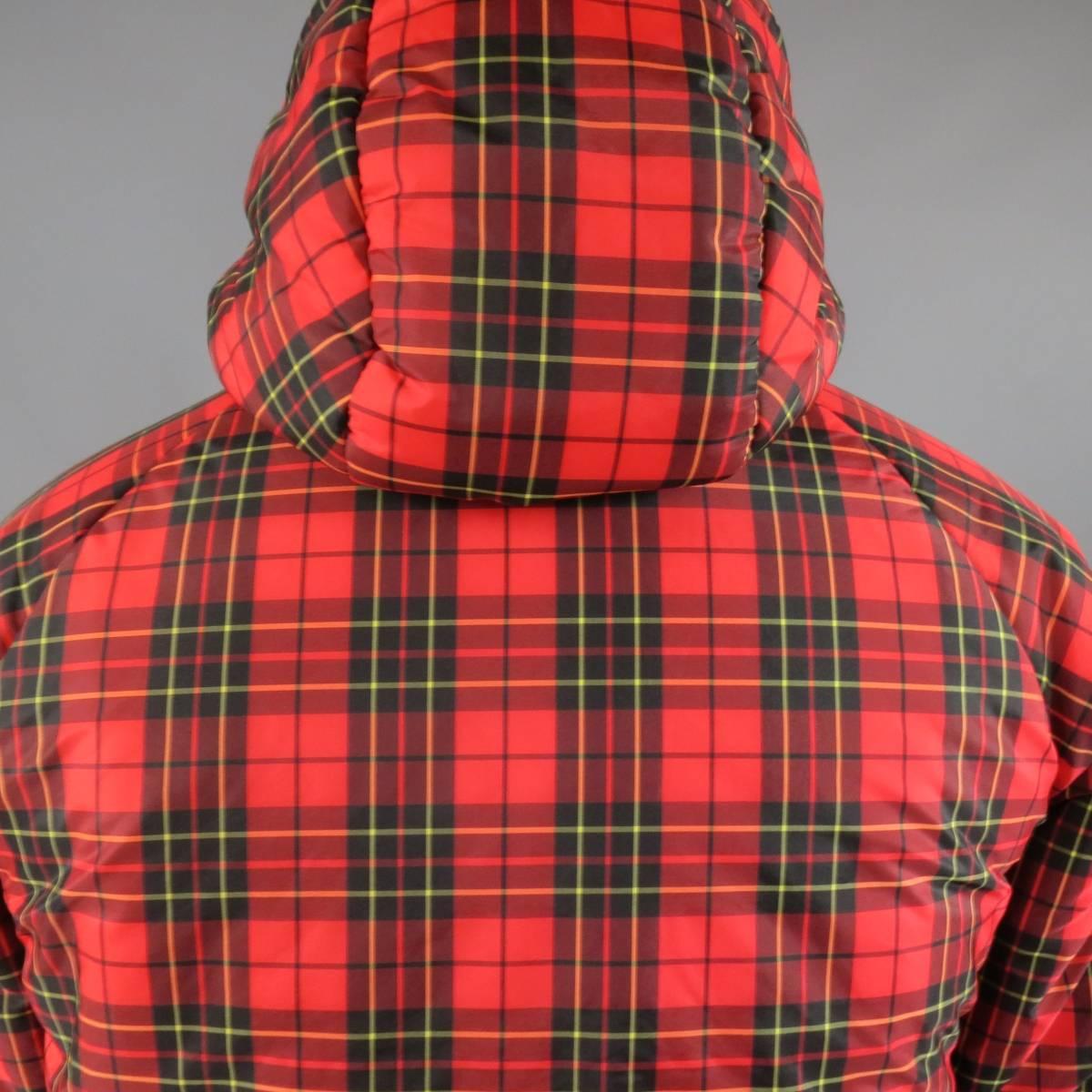 Men's COMME des GARCONS 38 Red Yellow & Green Plaid Patchwork Nylon Hooded Jacket
