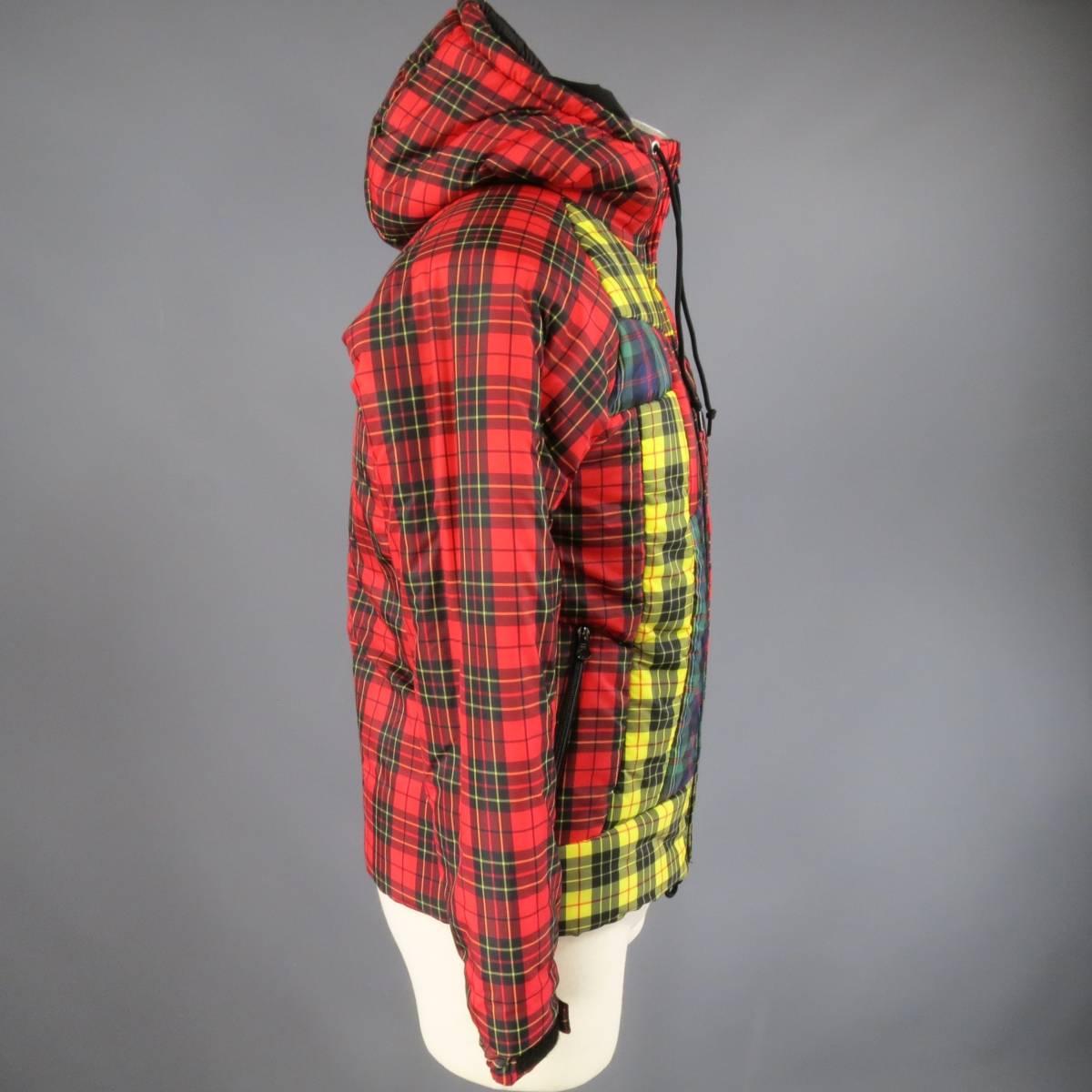 COMME des GARCONS 38 Red Yellow & Green Plaid Patchwork Nylon Hooded Jacket In Excellent Condition In San Francisco, CA