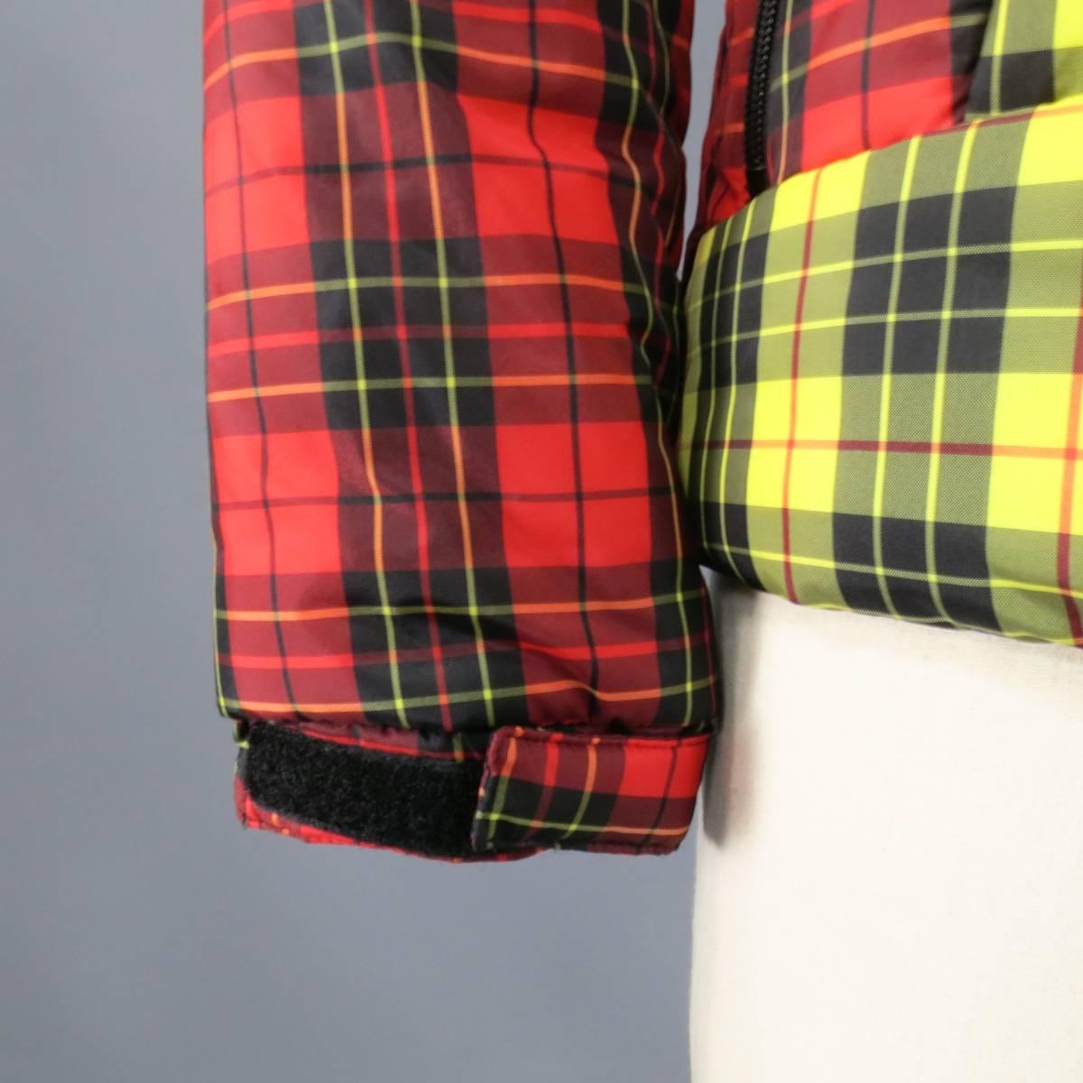 Brown COMME des GARCONS 38 Red Yellow & Green Plaid Patchwork Nylon Hooded Jacket