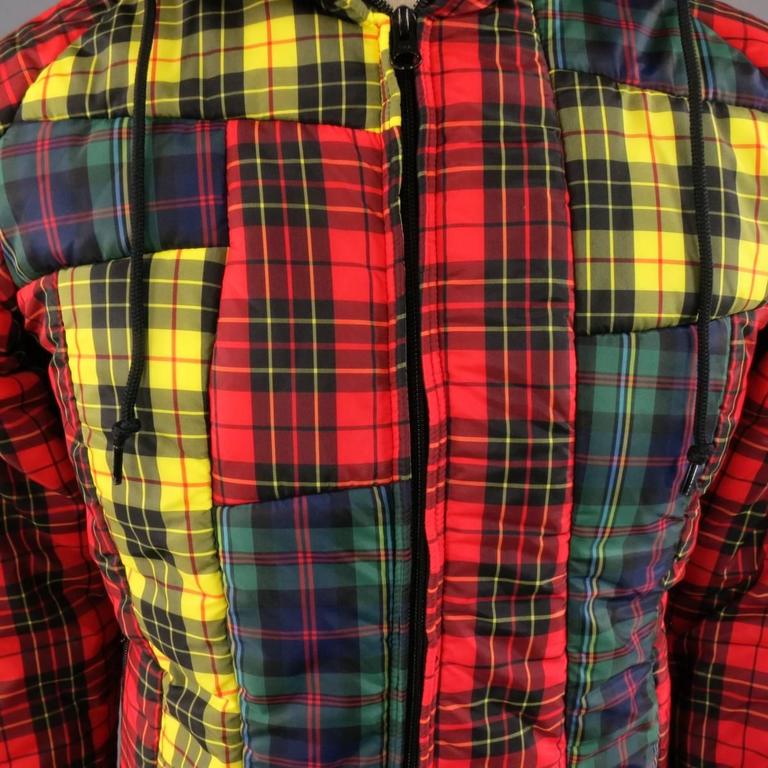 COMME des GARCONS 38 Red Yellow and Green Plaid Patchwork Nylon Hooded