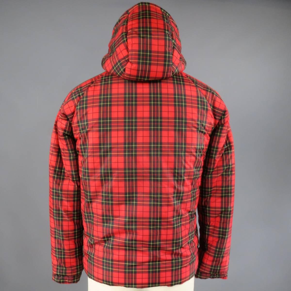 COMME des GARCONS 38 Red Yellow & Green Plaid Patchwork Nylon Hooded Jacket 1