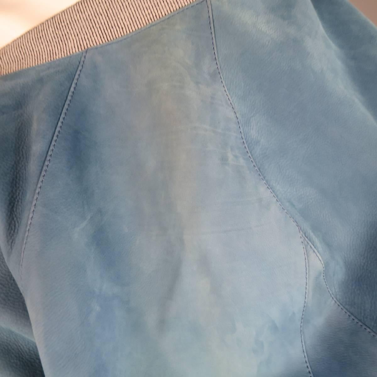 Men's BALENCIAGA 42 Light Teal Blue Leather Gray Cuff Bomber Jacket In Good Condition In San Francisco, CA