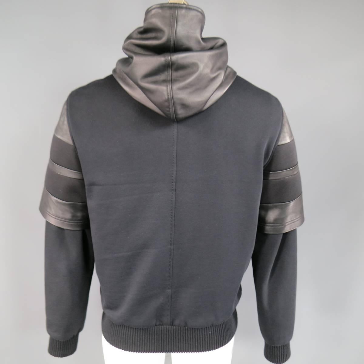 Men's GIVENCHY 42 Black Neoprene & Leather Short Sleeve Layered Hoodie 1