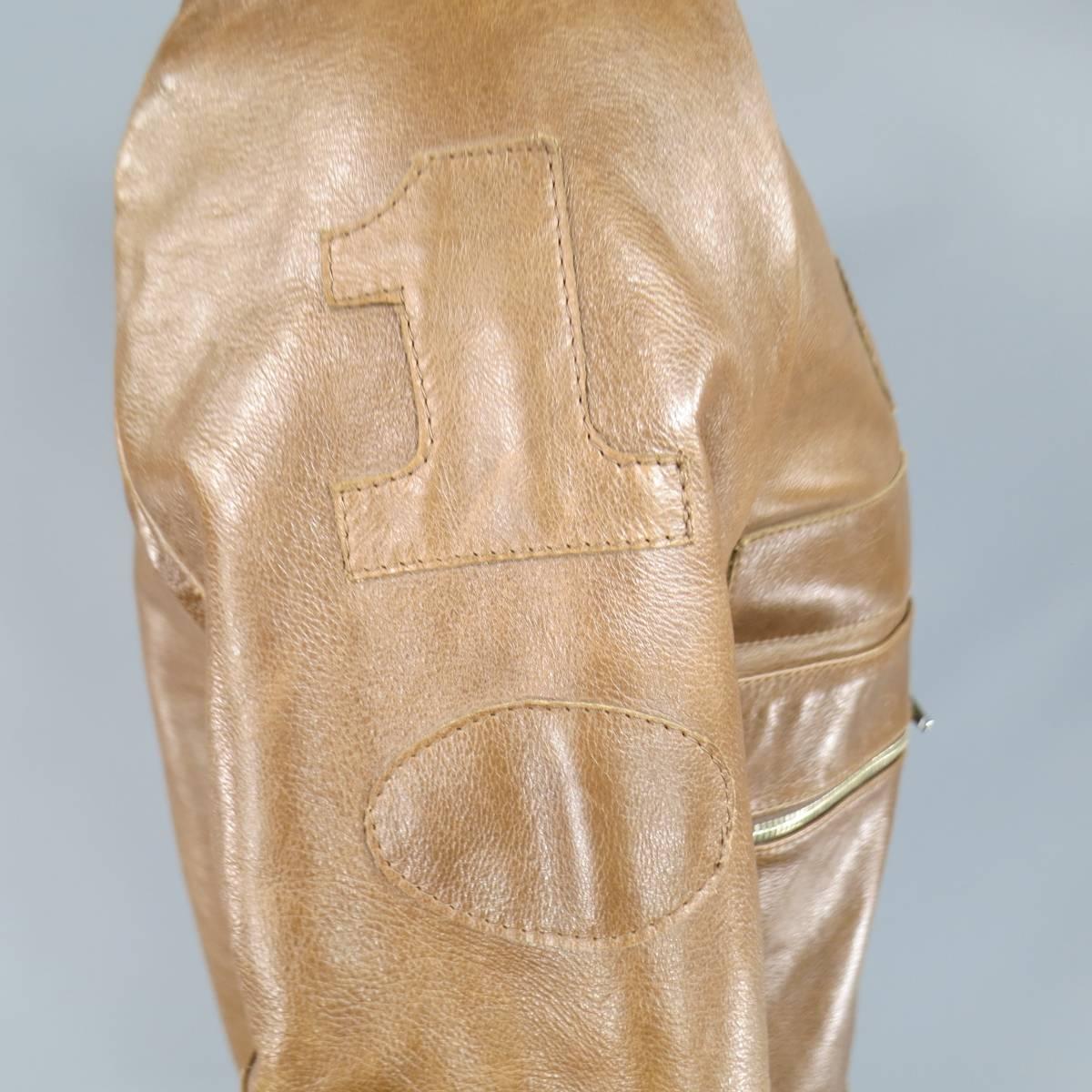 Men's VERONIQUE BRANQUINHO 40 Light Brown Leather Blank Patch Moto Jacket In Good Condition In San Francisco, CA