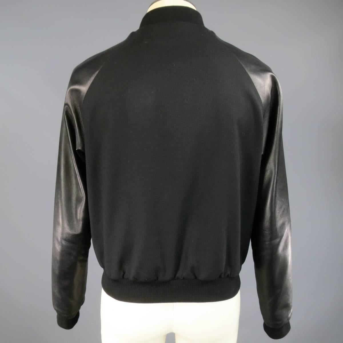 Men's SAINT LAURENT 40 Black Leather Raglan Sleeve Varsity Bomber Jacket In Excellent Condition In San Francisco, CA