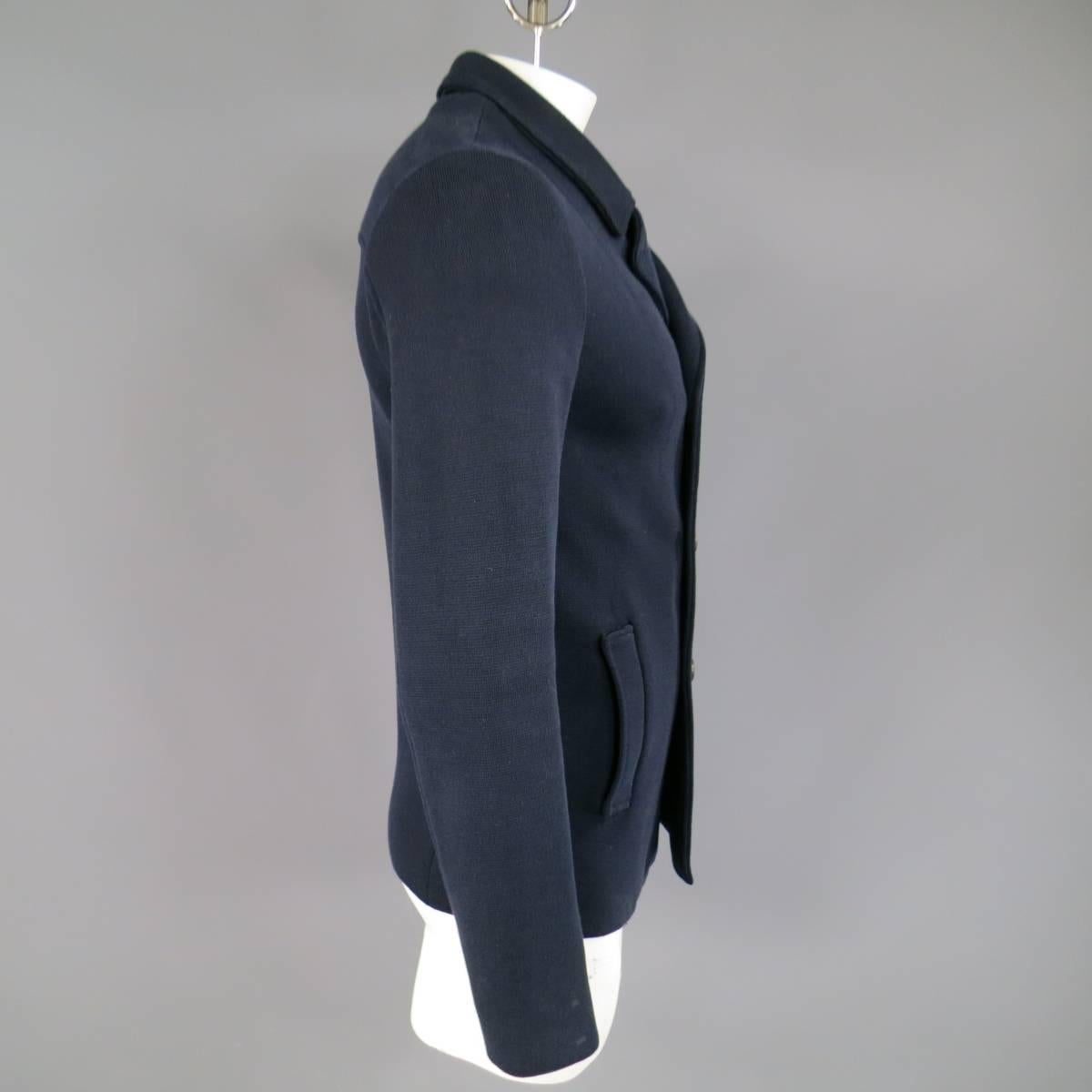 Black JIL SANDER 40 Navy Cotton Soft Shoulder Knit Double Breasted Peacoat Jacket