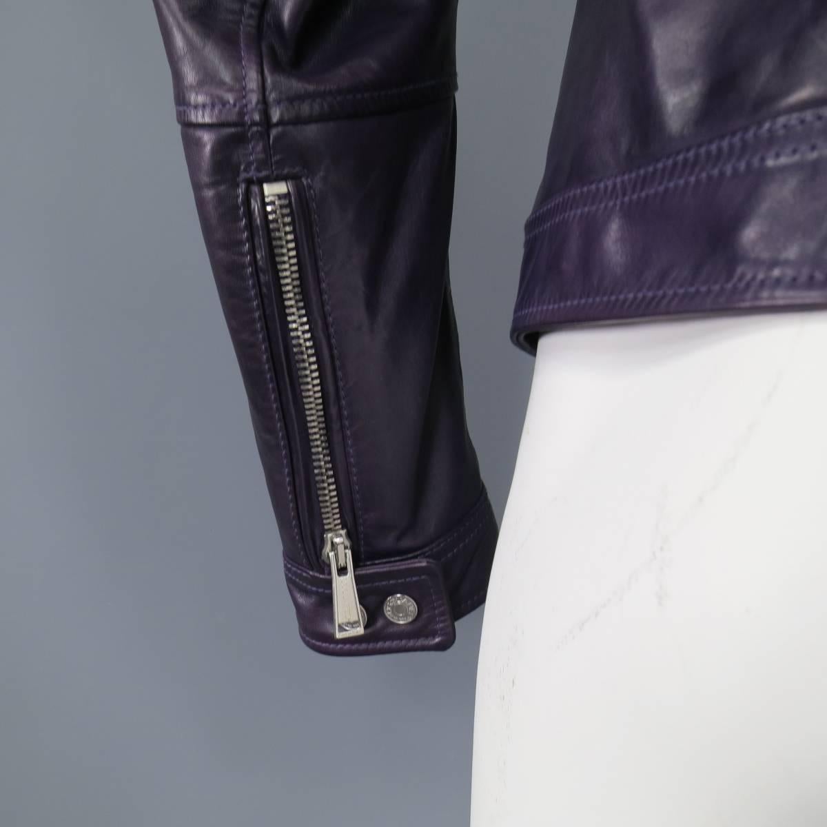 Gray Men's DSQUARED2 42 Purple Leather Snap Collar Zip Motorcycle Jacket