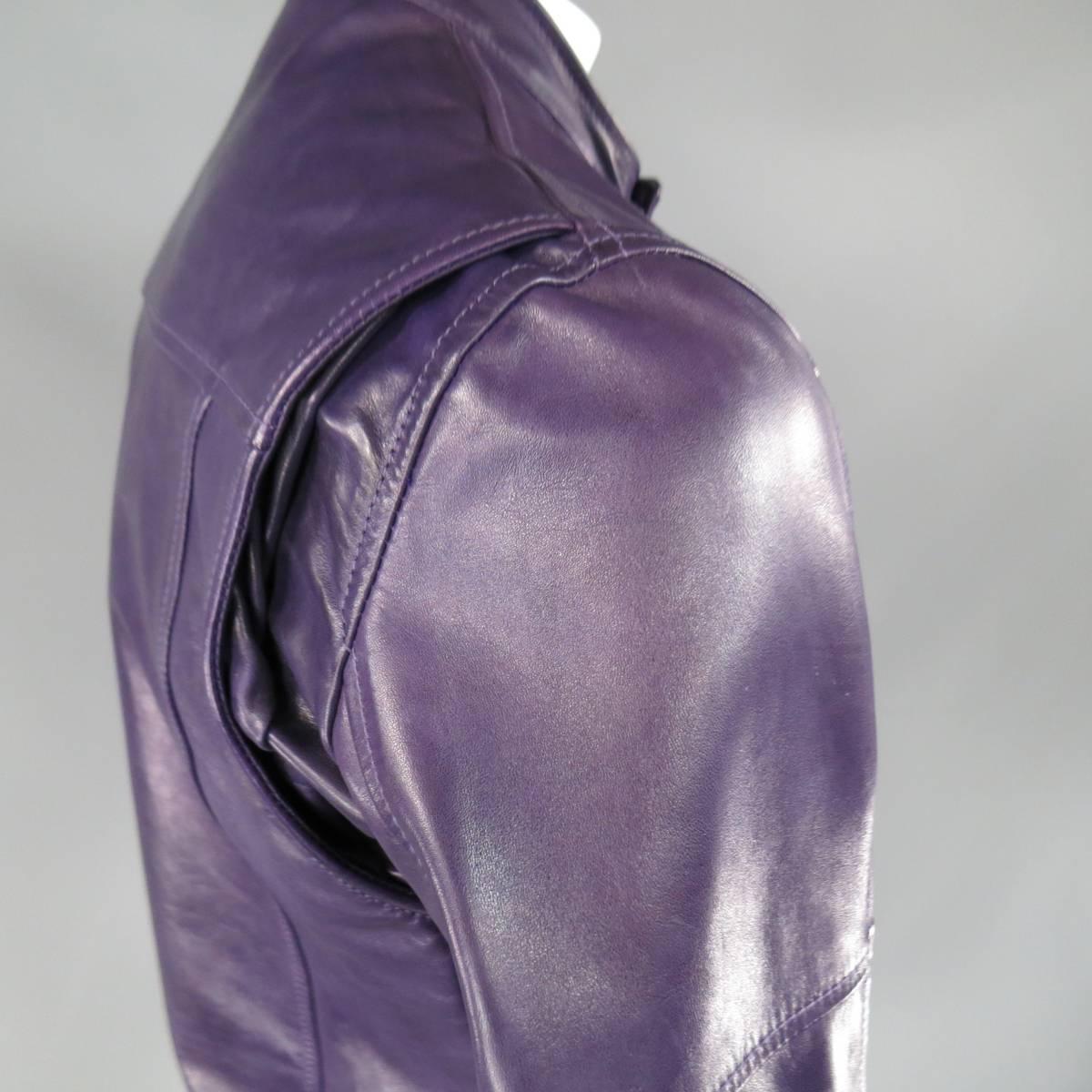 Men's DSQUARED2 42 Purple Leather Snap Collar Zip Motorcycle Jacket In Excellent Condition In San Francisco, CA