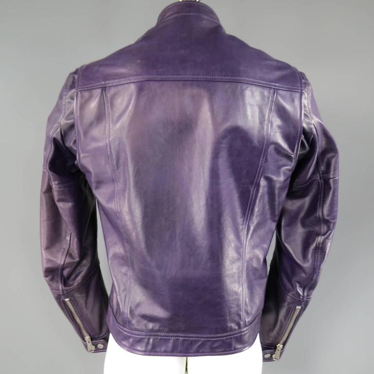 Men's DSQUARED2 42 Purple Leather Snap Collar Zip Motorcycle Jacket at