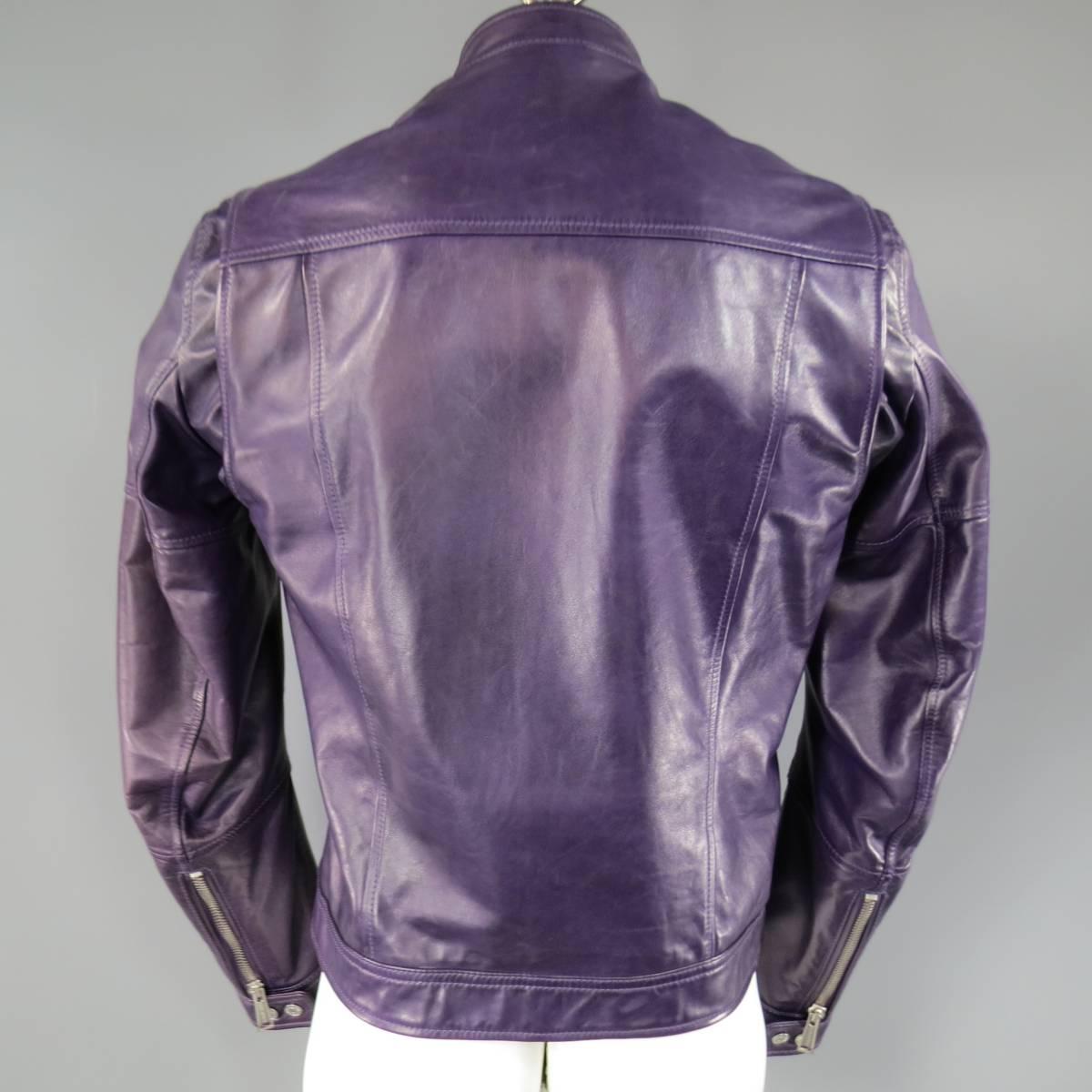 Men's DSQUARED2 42 Purple Leather Snap Collar Zip Motorcycle Jacket 1