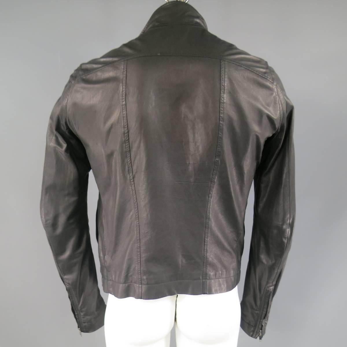 Men's RICK OWENS 38 Black Soft Leather Asymmetrical Zip High Collar Moto Jacket 1