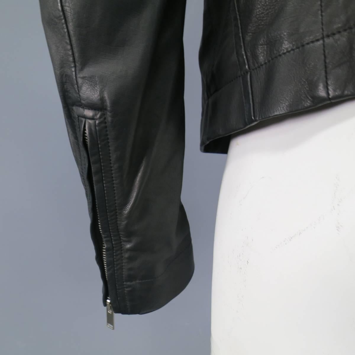 Men's RICK OWENS 38 Black Soft Leather Asymmetrical Zip High Collar Moto Jacket 2