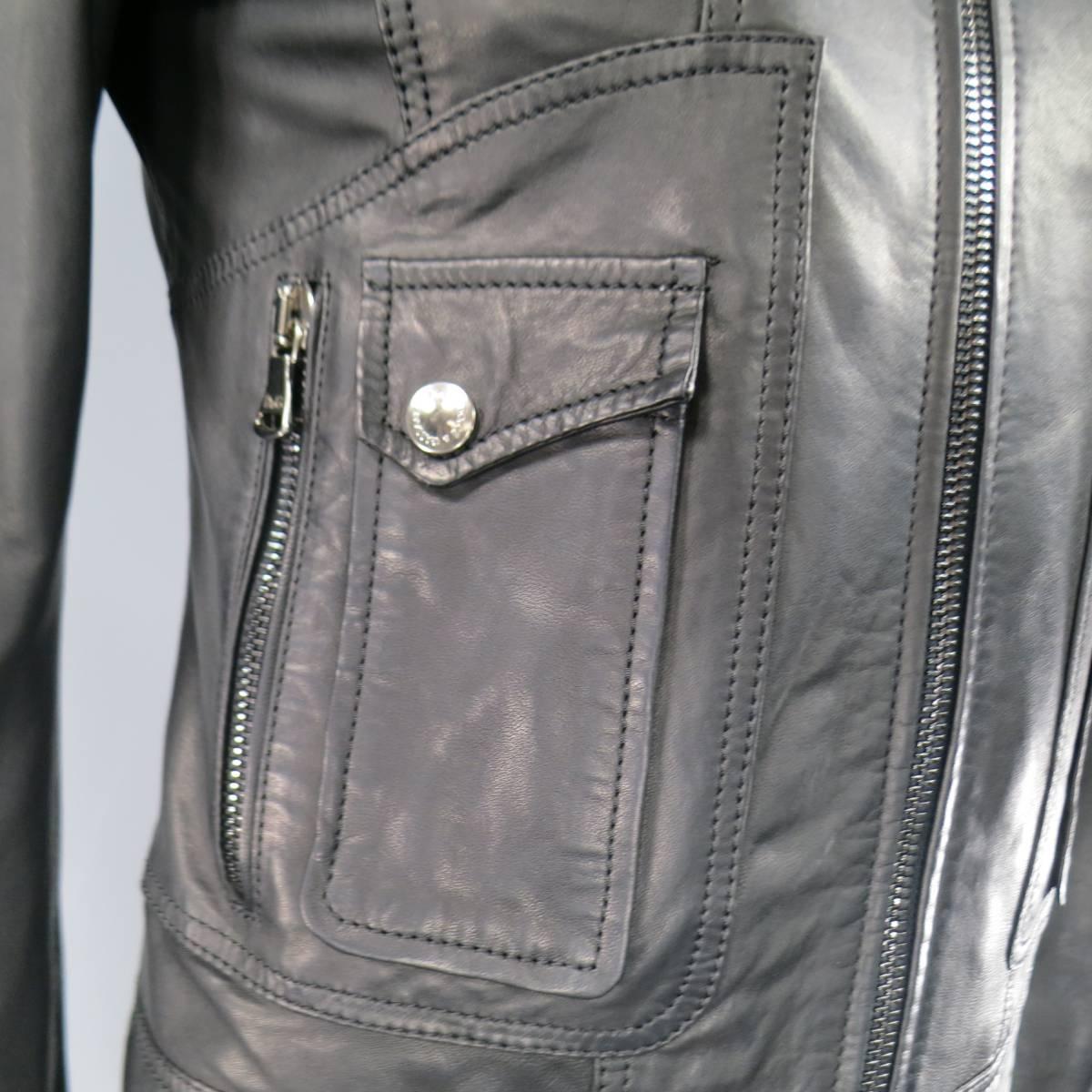 Men's D&G by DOLCE & GABBANA 36 Black Leather Belted Collar Moto Jacket In Excellent Condition In San Francisco, CA