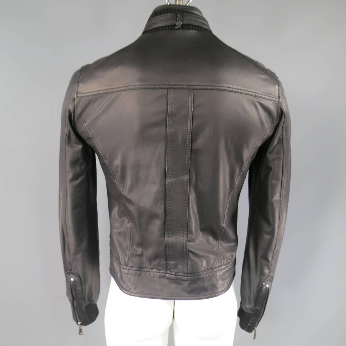 Men's D&G by DOLCE & GABBANA 36 Black Leather Belted Collar Moto Jacket 3