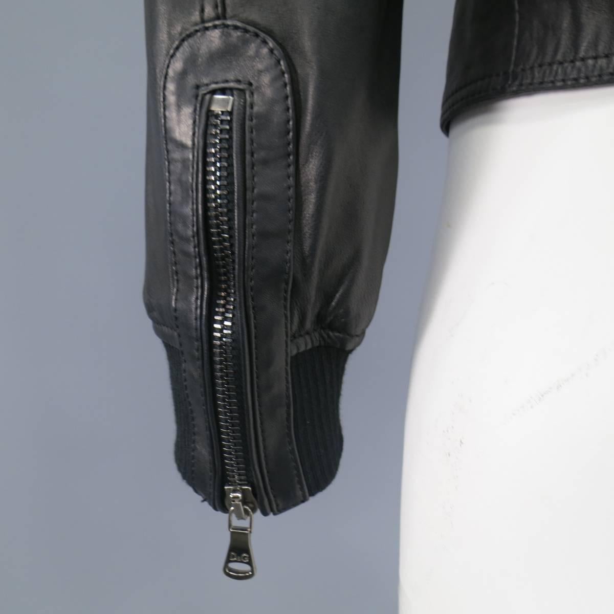 Men's D&G by DOLCE & GABBANA 36 Black Leather Belted Collar Moto Jacket 2