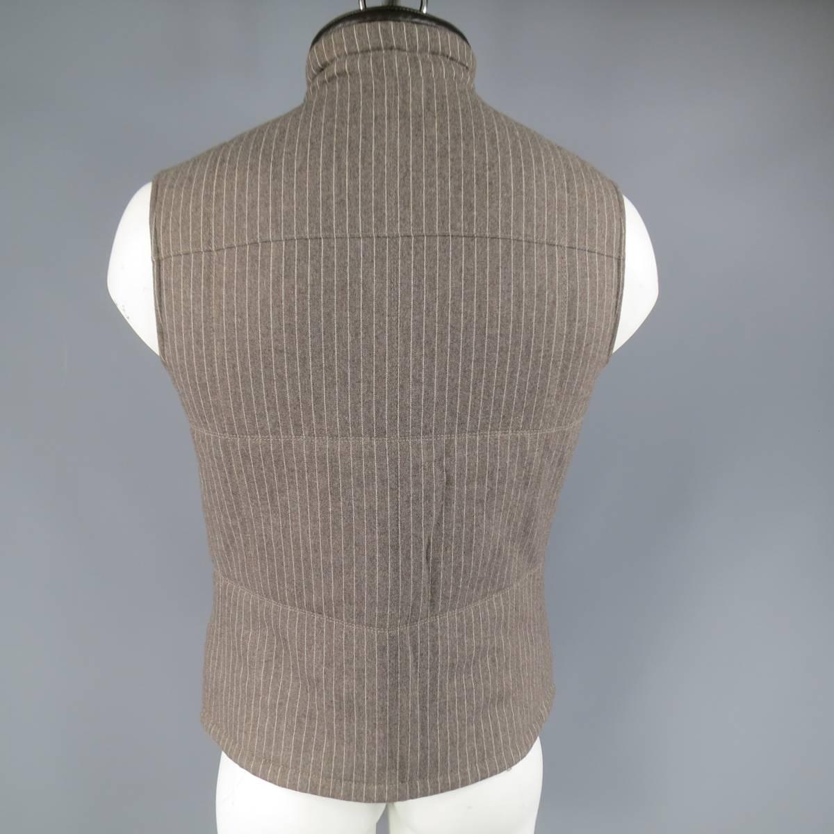 Men's NWT ERMENEGILDO ZEGNA 38 Taupe Pinstripe Leather Trimmed Reversible Vest 2