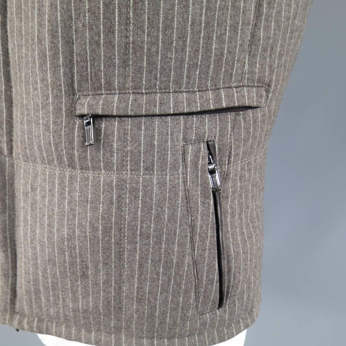 Gray Men's NWT ERMENEGILDO ZEGNA 38 Taupe Pinstripe Leather Trimmed Reversible Vest