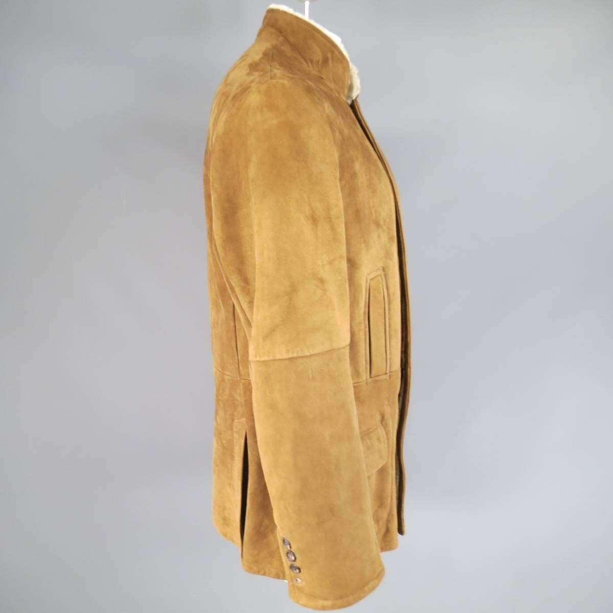 Men's BRUNELLO CUCINELLI 44 Tan Shearling Double Breasted Winter Coat In Good Condition In San Francisco, CA