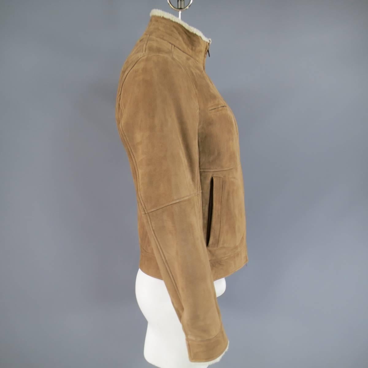 Brown Men's BRUNELLO CUCINELLI 38 Tan & Cream Suede Shearling Zip Jacket