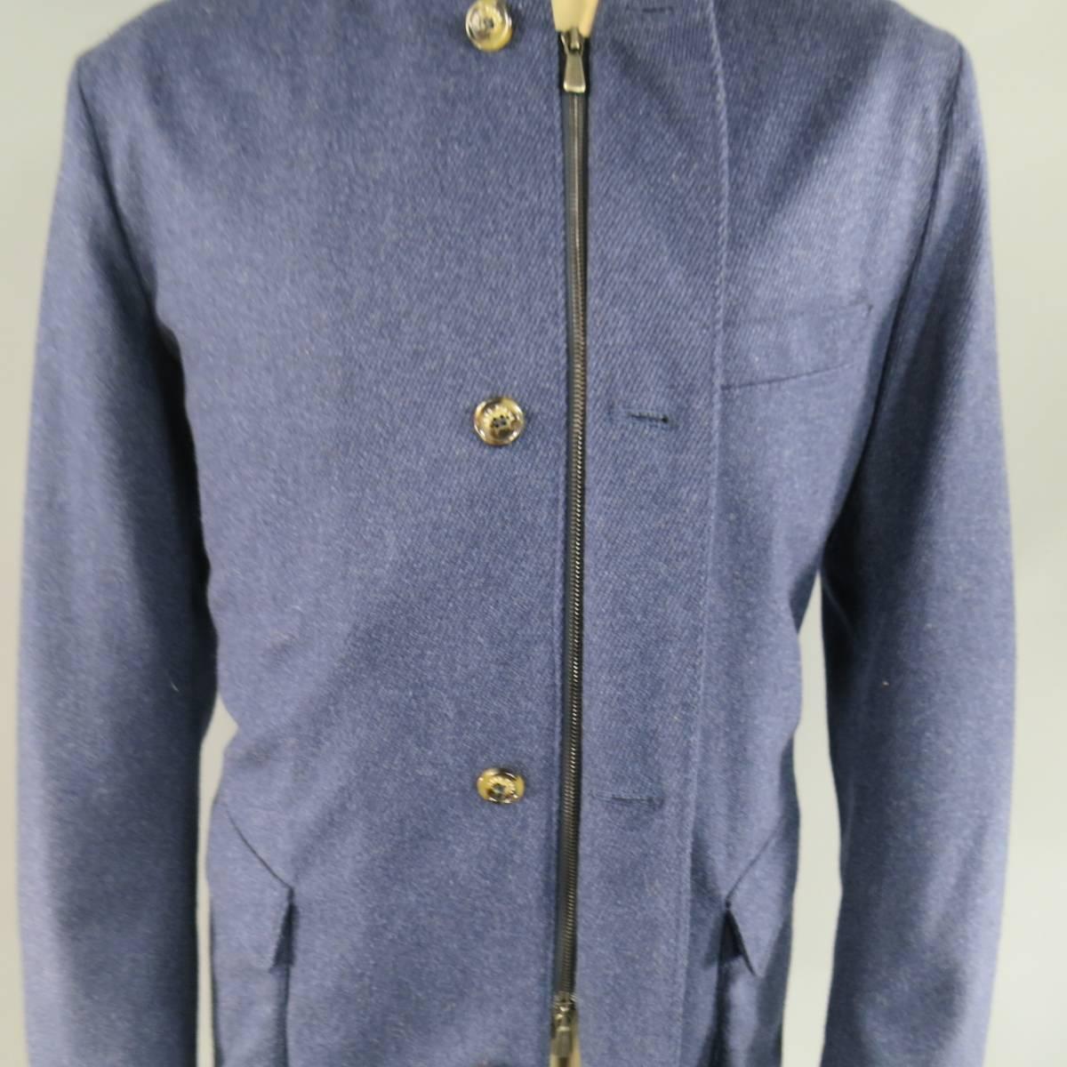 Men's LORO PIANA 44 Blue Textured Cashmere Detachable Khaki Vest Coat In Excellent Condition In San Francisco, CA