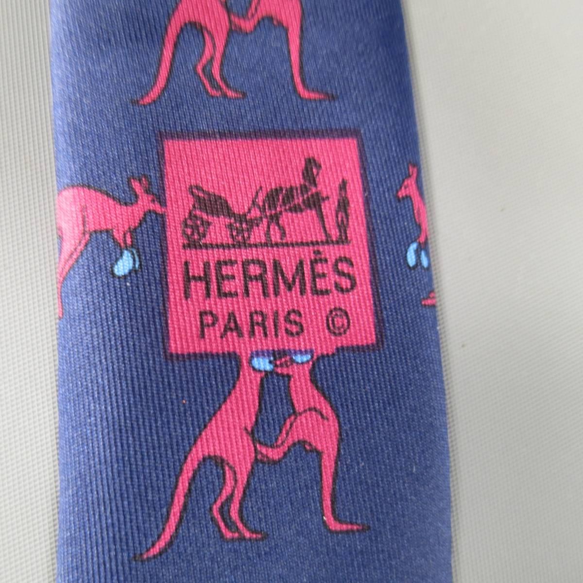 HERMES Navy & Burgundy Boxing Kangaroos Print Silk Tie 1