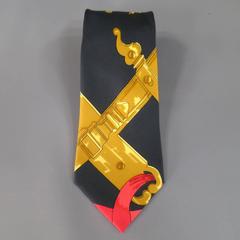 HERMES Black Red & Gold Ornate Boroque Print Silk Tie