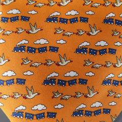 HERMES Orange & Navy Birds & Trains Print Silk Tie