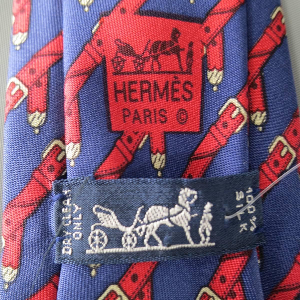 Gray Men's HERMES Navy & Red Belt Print Pattern Silk Tie