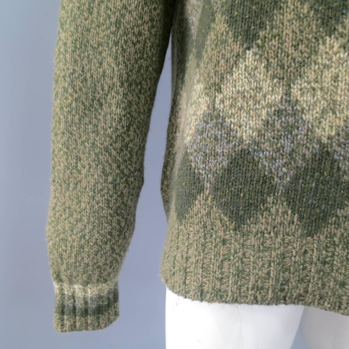 Men's LORO PIANA Size L Green Olive & Beige Argyle Cashmere Half Zip Sweater 3