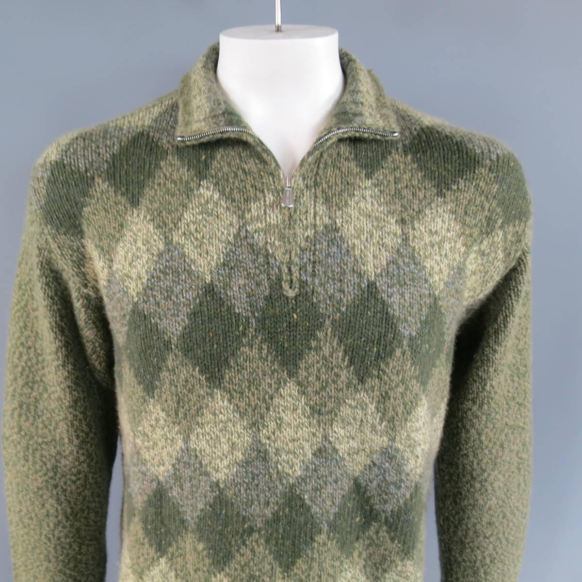 Men's LORO PIANA Size L Green Olive & Beige Argyle Cashmere Half Zip Sweater 1