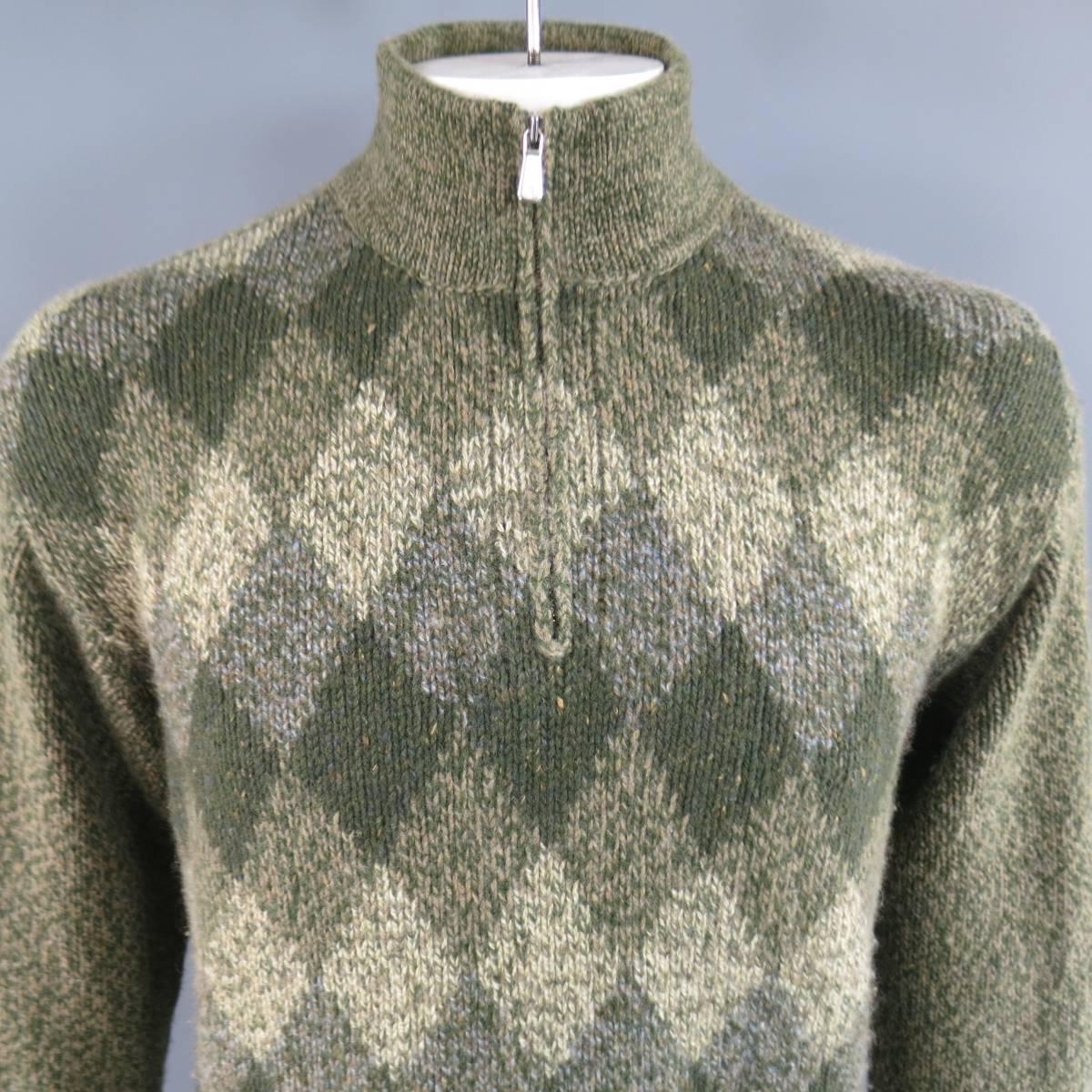 Gray Men's LORO PIANA Size L Green Olive & Beige Argyle Cashmere Half Zip Sweater