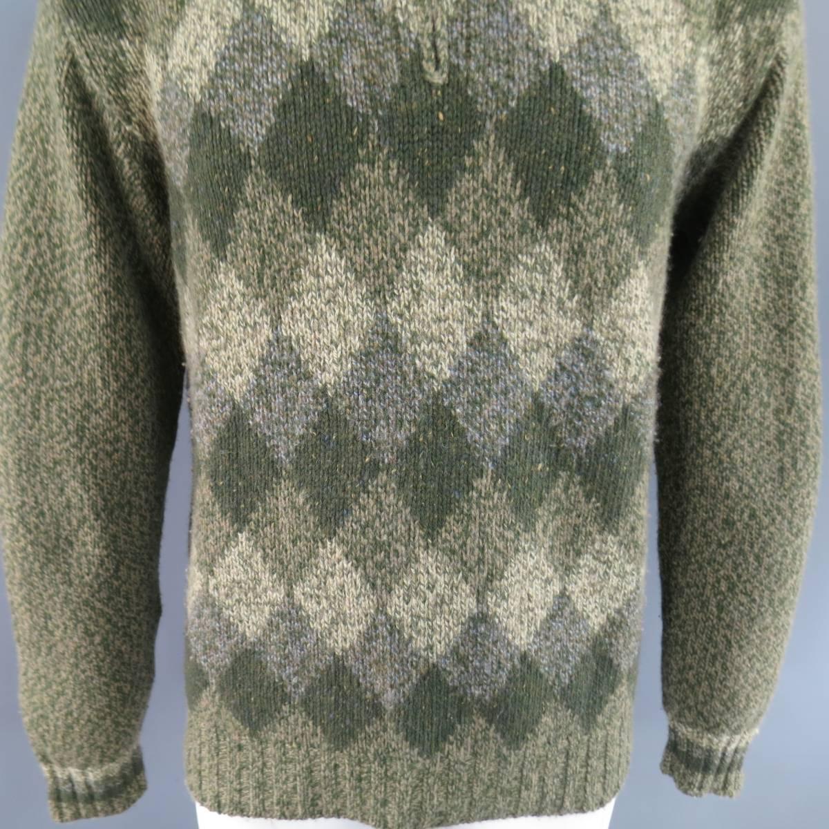 Men's LORO PIANA Size L Green Olive & Beige Argyle Cashmere Half Zip Sweater In New Condition In San Francisco, CA