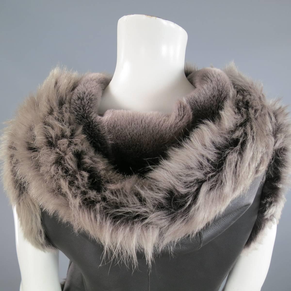 ROSENBERG & LENHART Size 8 Gray & Black Hooded Lamb Fur Shearling Leather Vest In Good Condition In San Francisco, CA