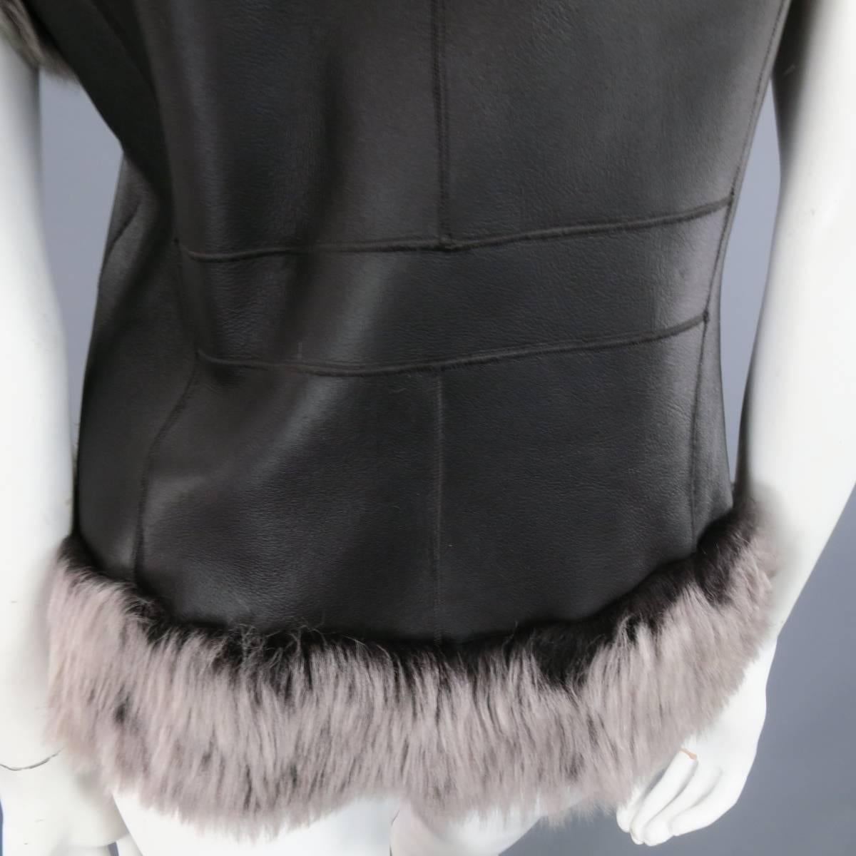 ROSENBERG & LENHART Size 8 Gray & Black Hooded Lamb Fur Shearling Leather Vest 1