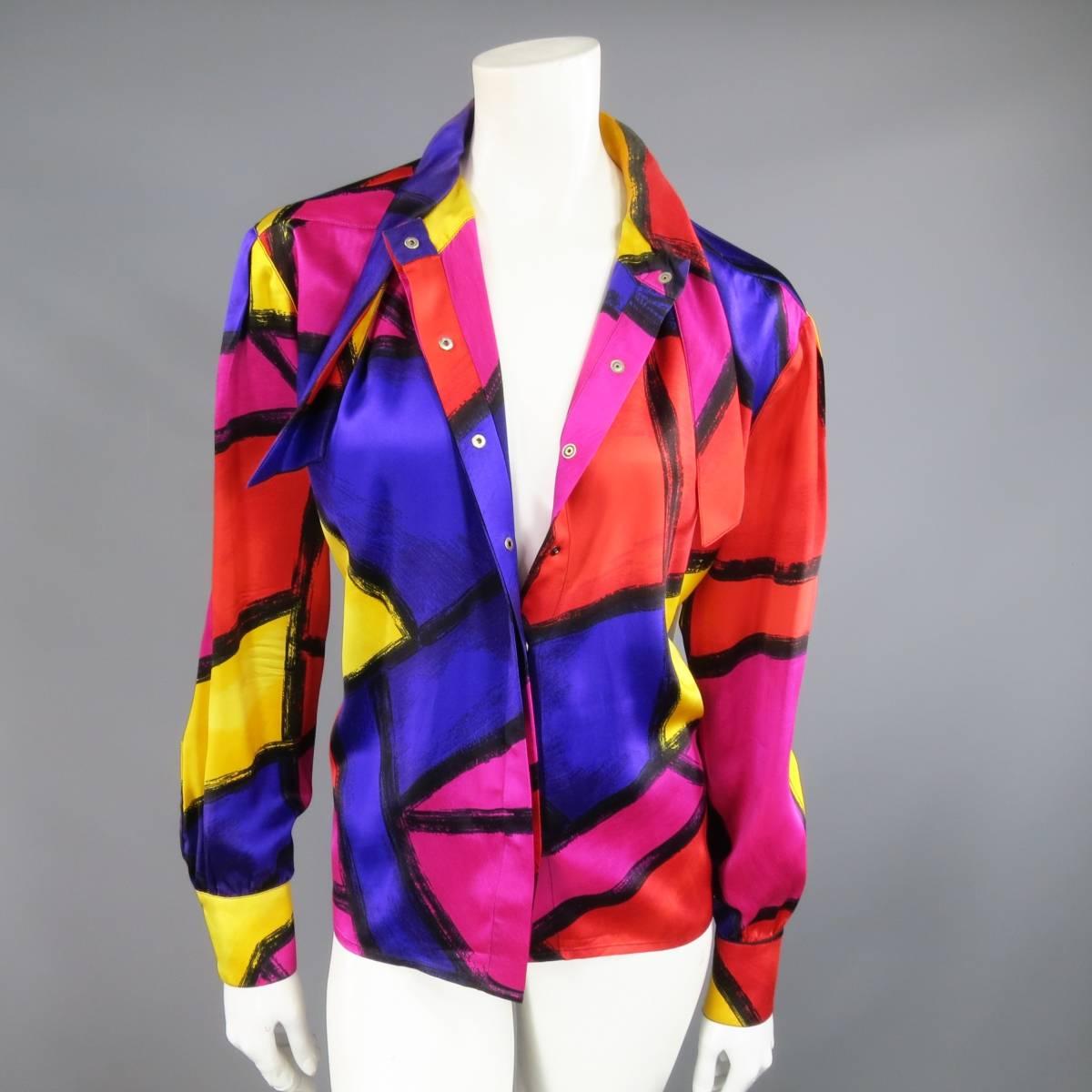 THIERRY MUGLER Size 10 Multi-Color Abstract Brush Stroke Silk 1980's Blouse 4