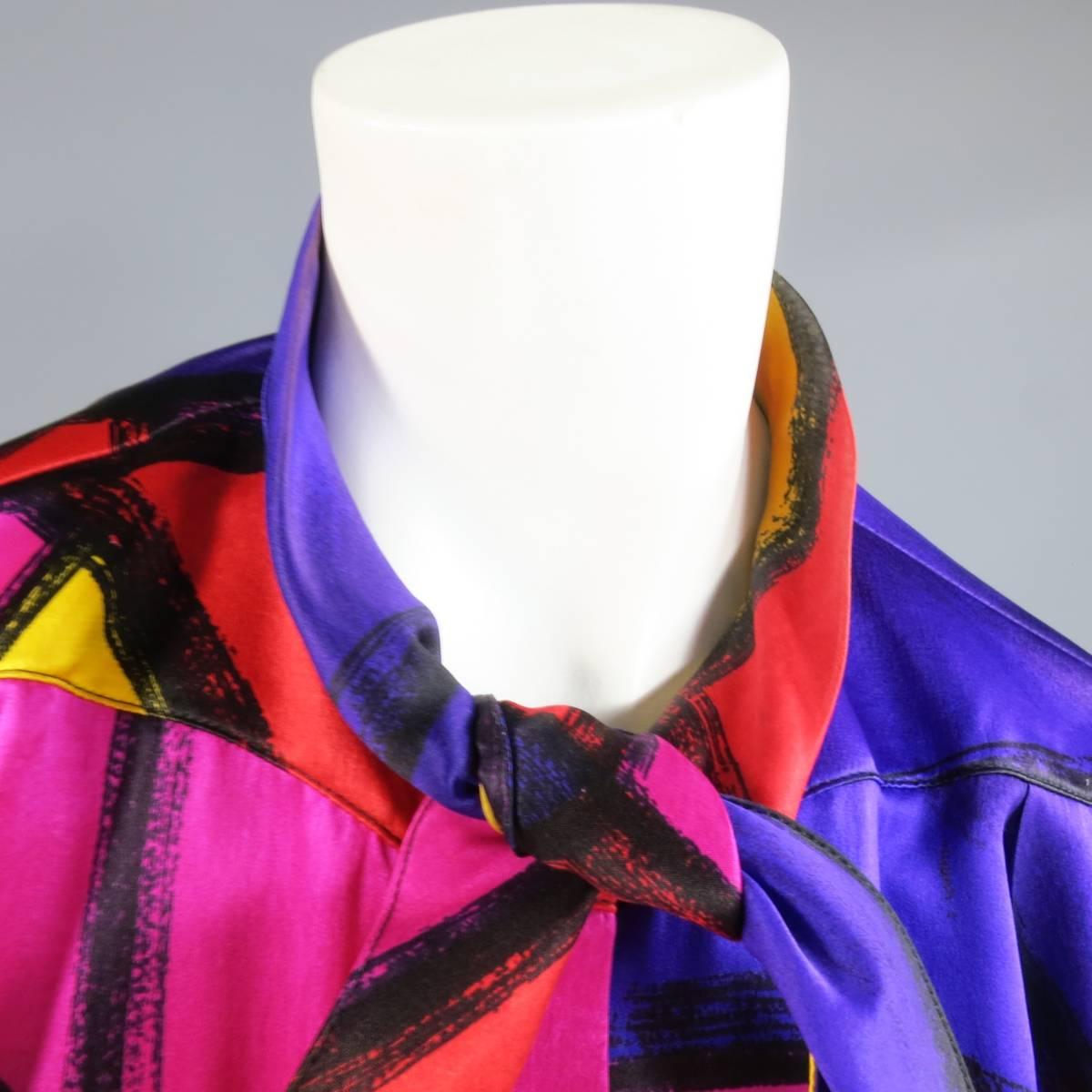 THIERRY MUGLER Size 10 Multi-Color Abstract Brush Stroke Silk 1980's Blouse In Good Condition In San Francisco, CA