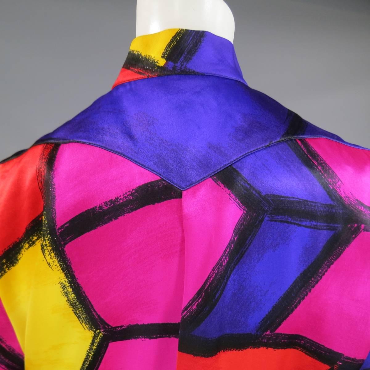 THIERRY MUGLER Size 10 Multi-Color Abstract Brush Stroke Silk 1980's Blouse 3