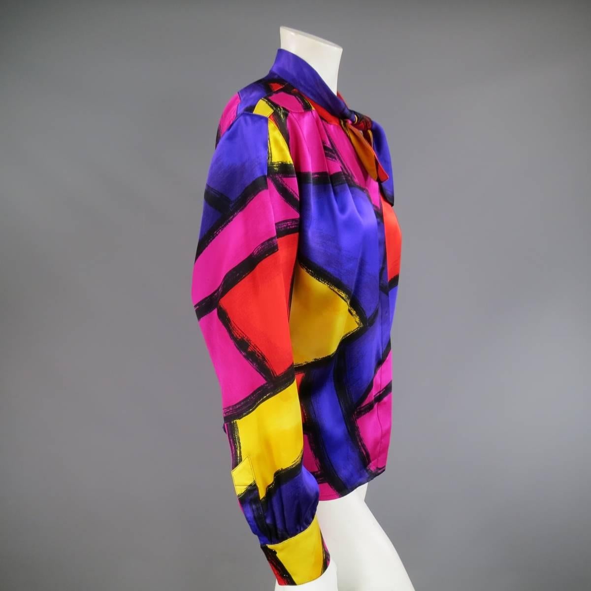 THIERRY MUGLER Size 10 Multi-Color Abstract Brush Stroke Silk 1980's Blouse 1