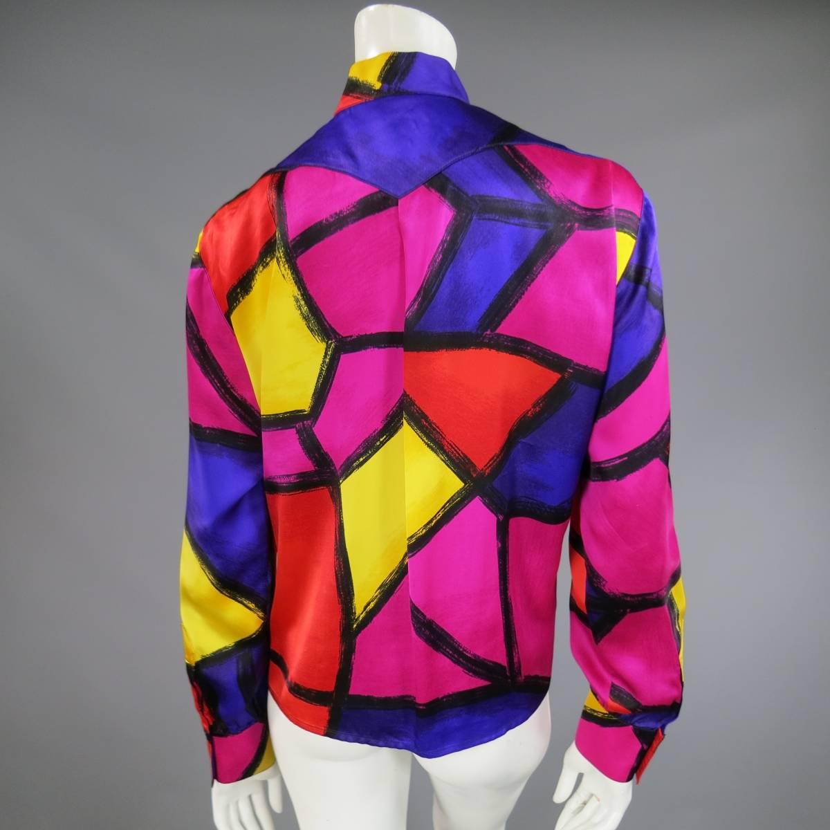 THIERRY MUGLER Size 10 Multi-Color Abstract Brush Stroke Silk 1980's Blouse 2